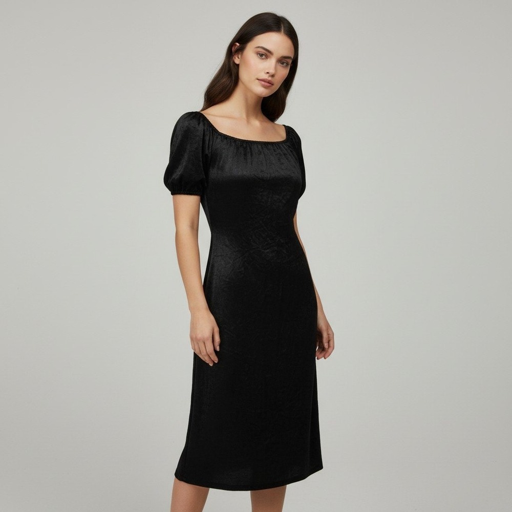 J.Crew Black Satin Puff Sleeve Square neck Midi Dress Size 8 NWT Quiet Luxury